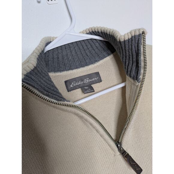 Eddie Bauer Sweater Mens Size Large Beige Cotton 1/4 Zip Knit Ribbed Pullover - Picture 8 of 9